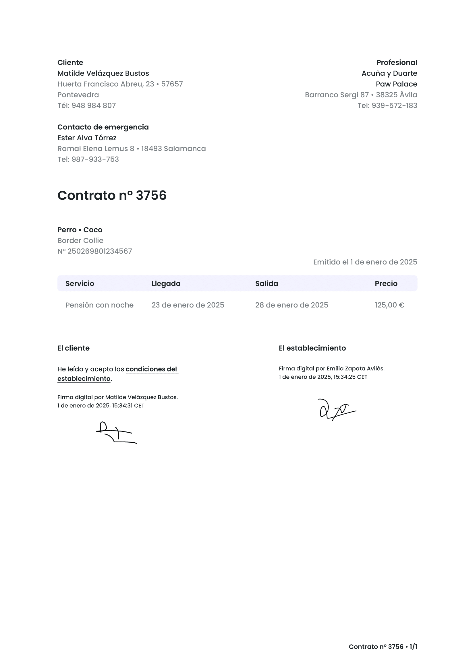 Historial de tratamientos y contrato firmado en línea en izyPet