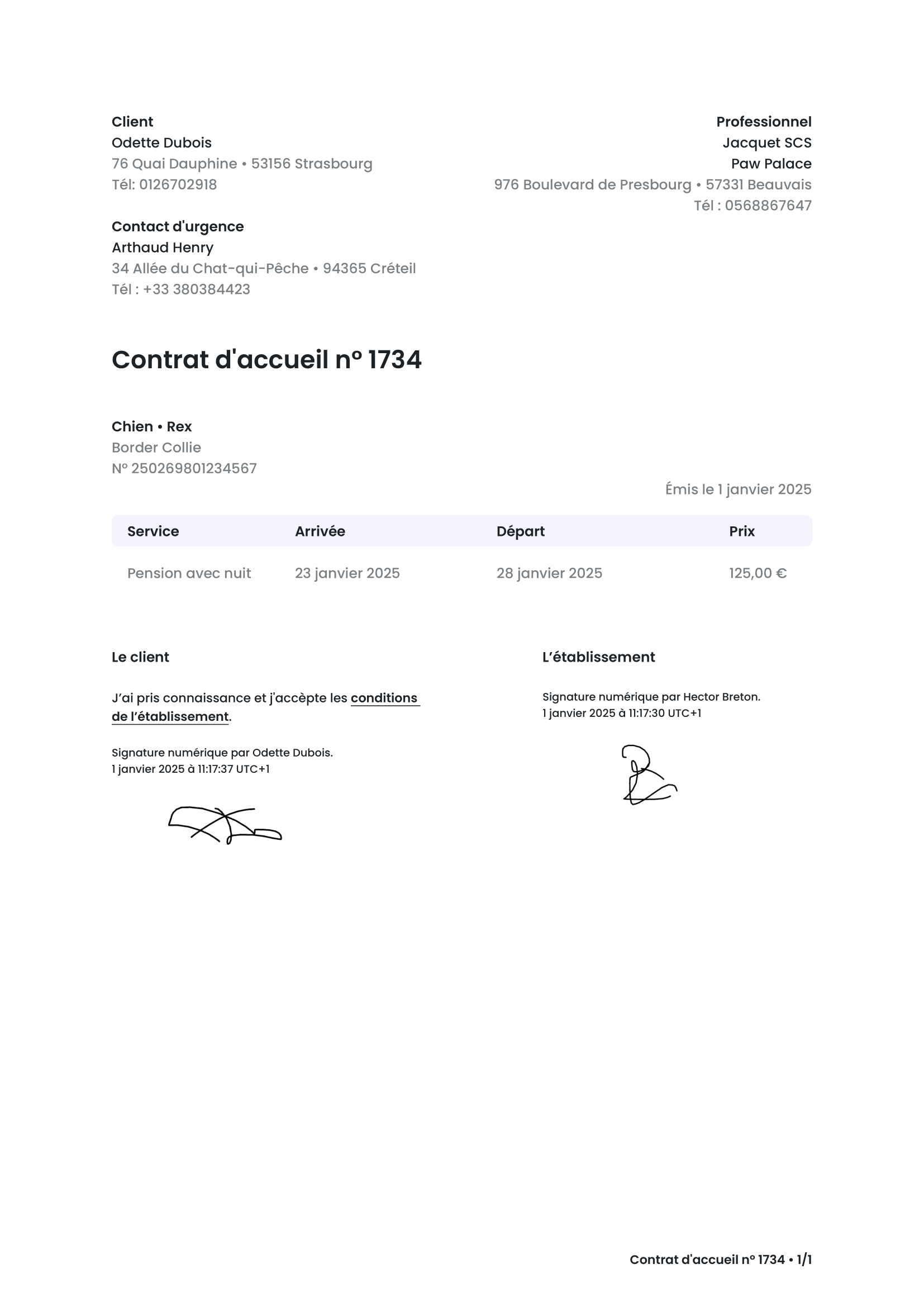 Fiche animal et contrat signé en ligne dans izyPet