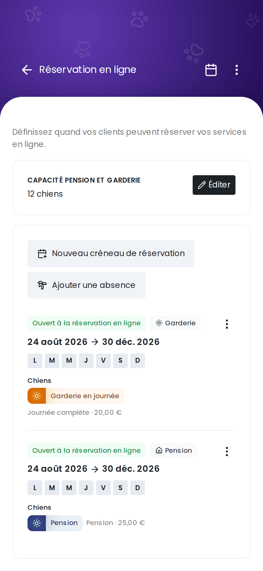 Capacité d'accueil et créneaux de réservation d'une pension canine dans izyPet