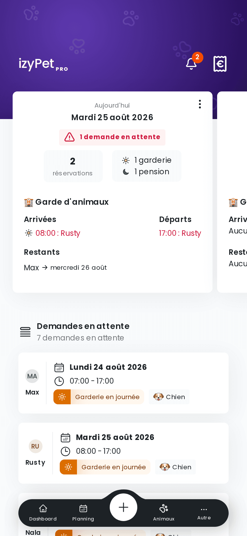 Arrivées et départs du jour dans l'application izyPet d'une pension canine