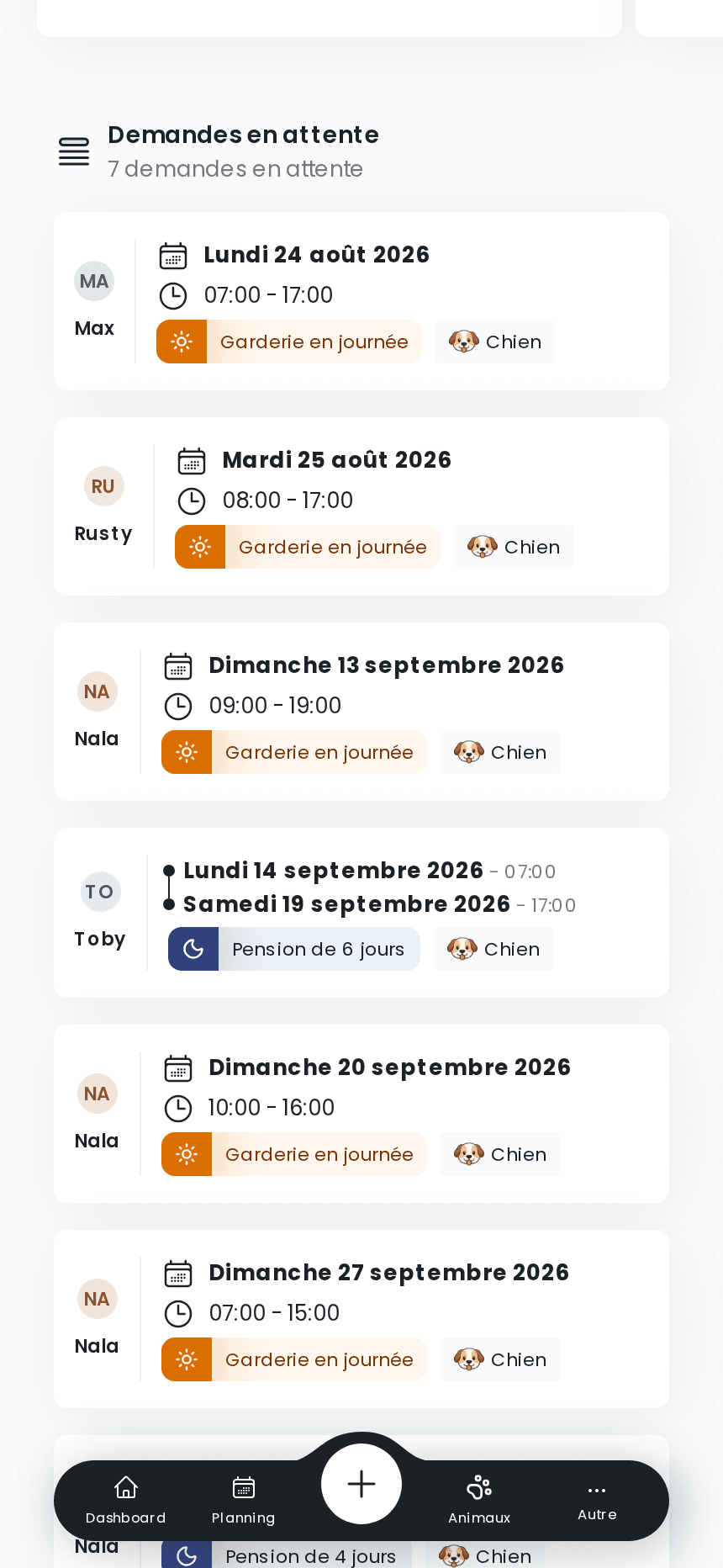 Demandes de séjour en attente dans l'application izyPet