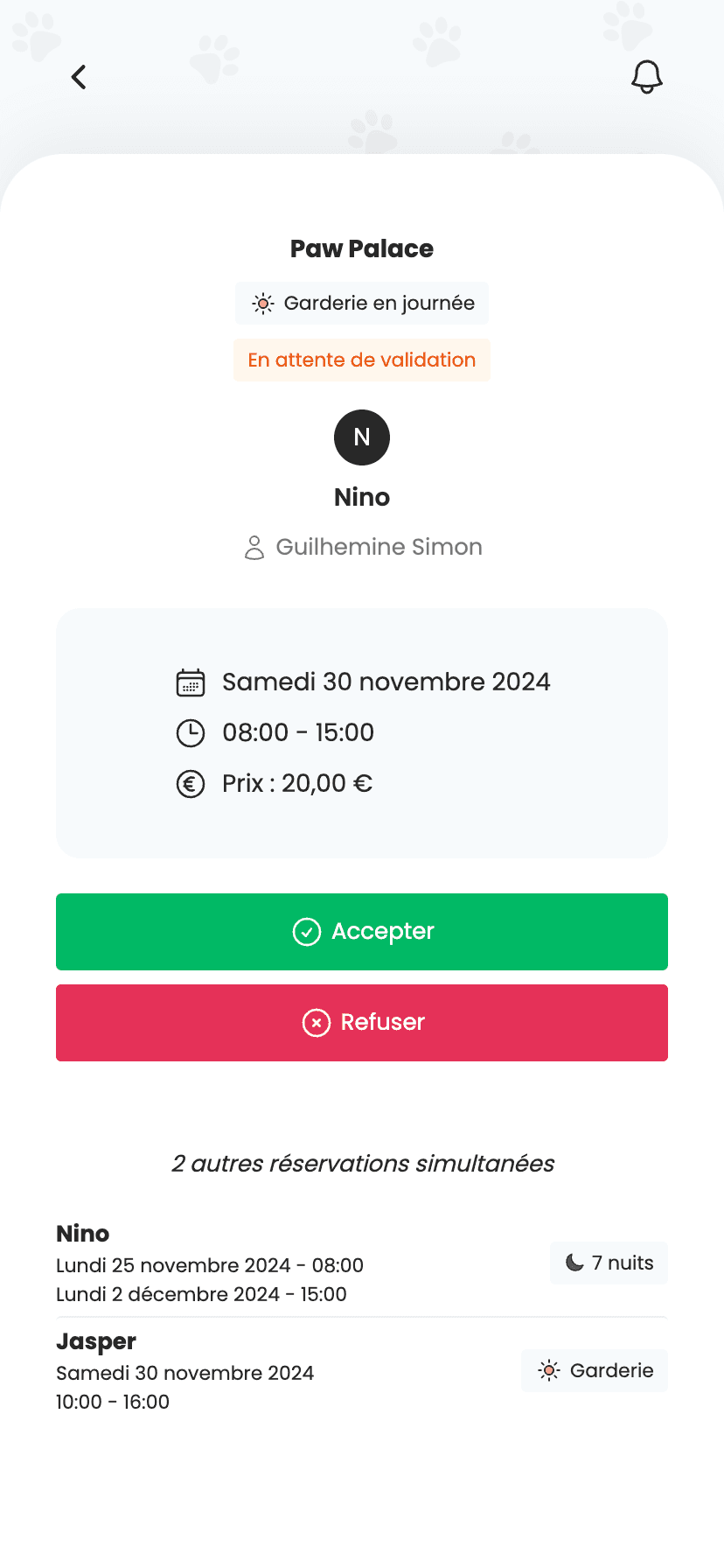 Validation d'une réservation dans izyPet