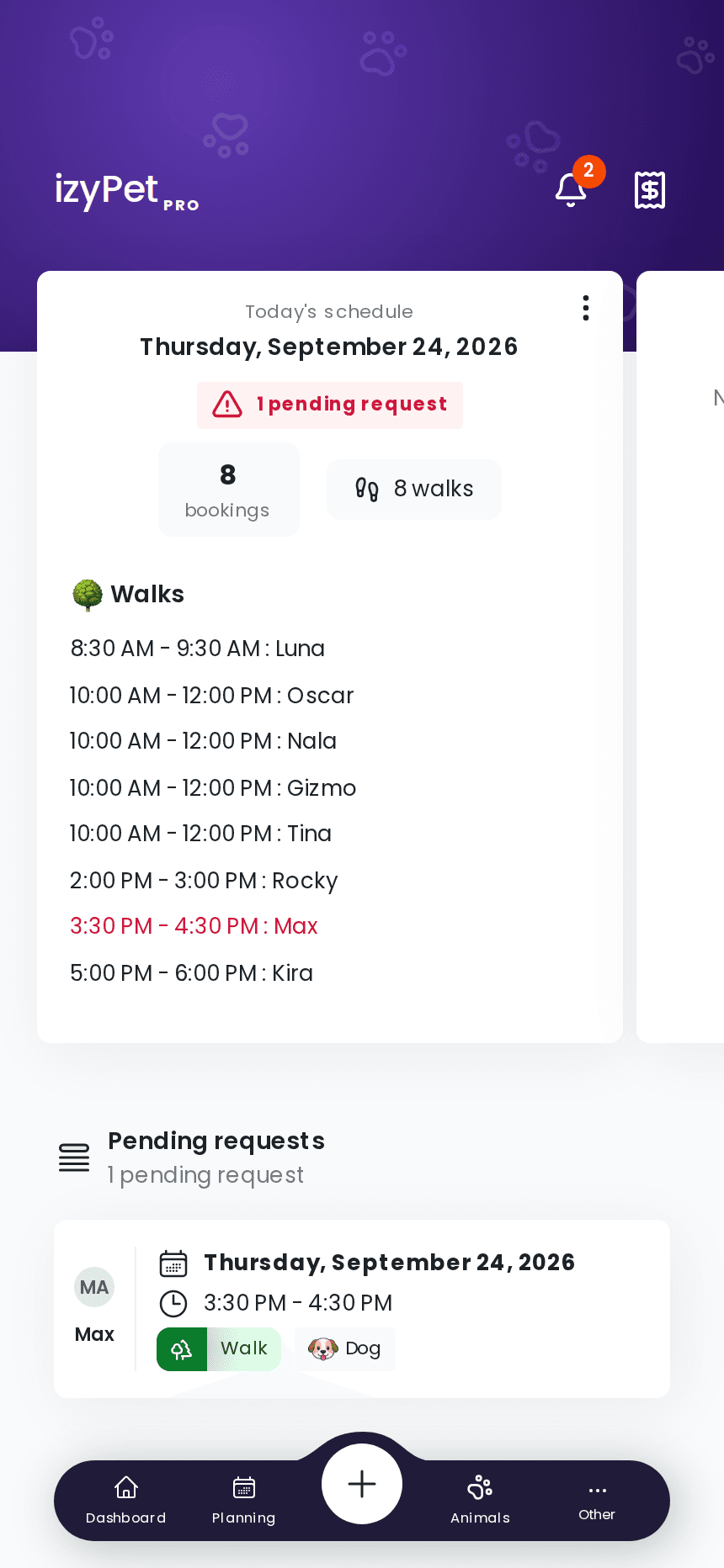 A dog walker's walks for the day in the izyPet app