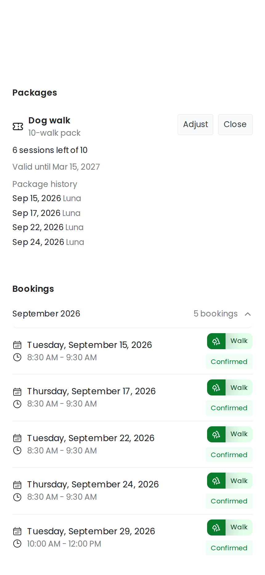 A 10-walk package and remaining sessions on a dog's record in izyPet
