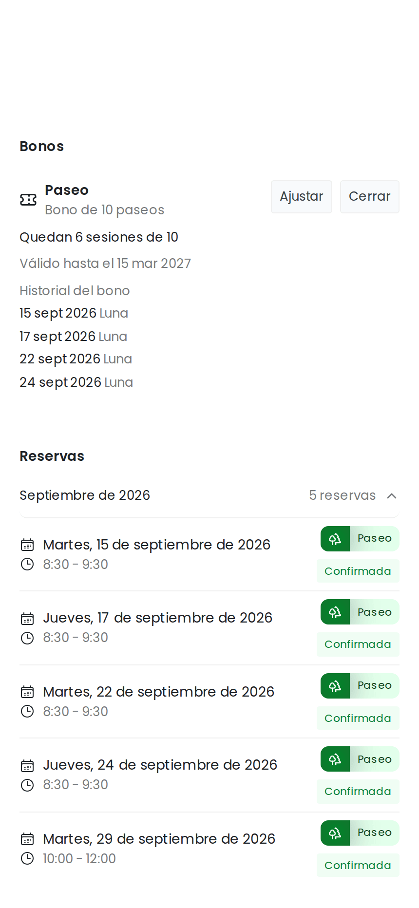 Bono de 10 paseos y sesiones restantes en la ficha de un perro en izyPet