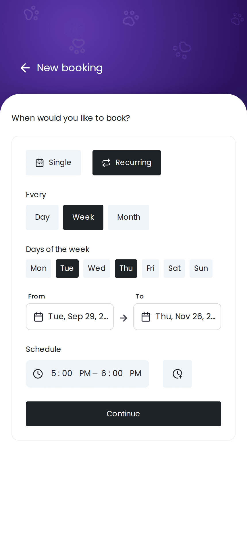Recurring Tuesday and Thursday walks booked in izyPet
