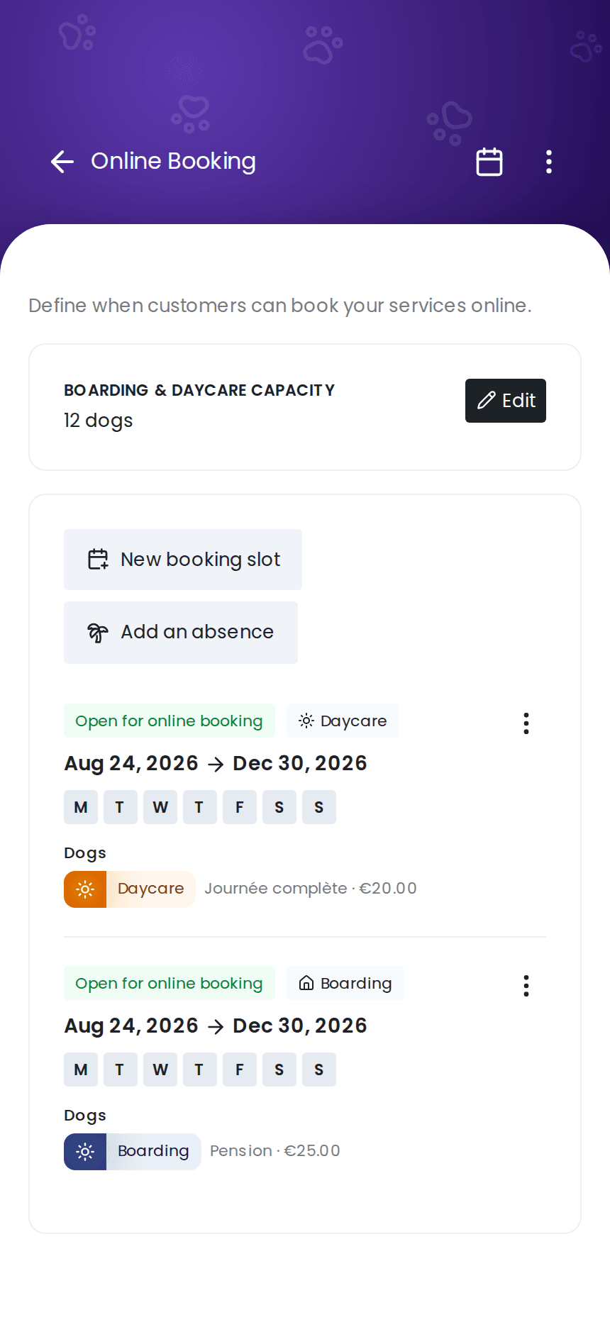 Capacity and booking slots for a dog boarding kennel in izyPet