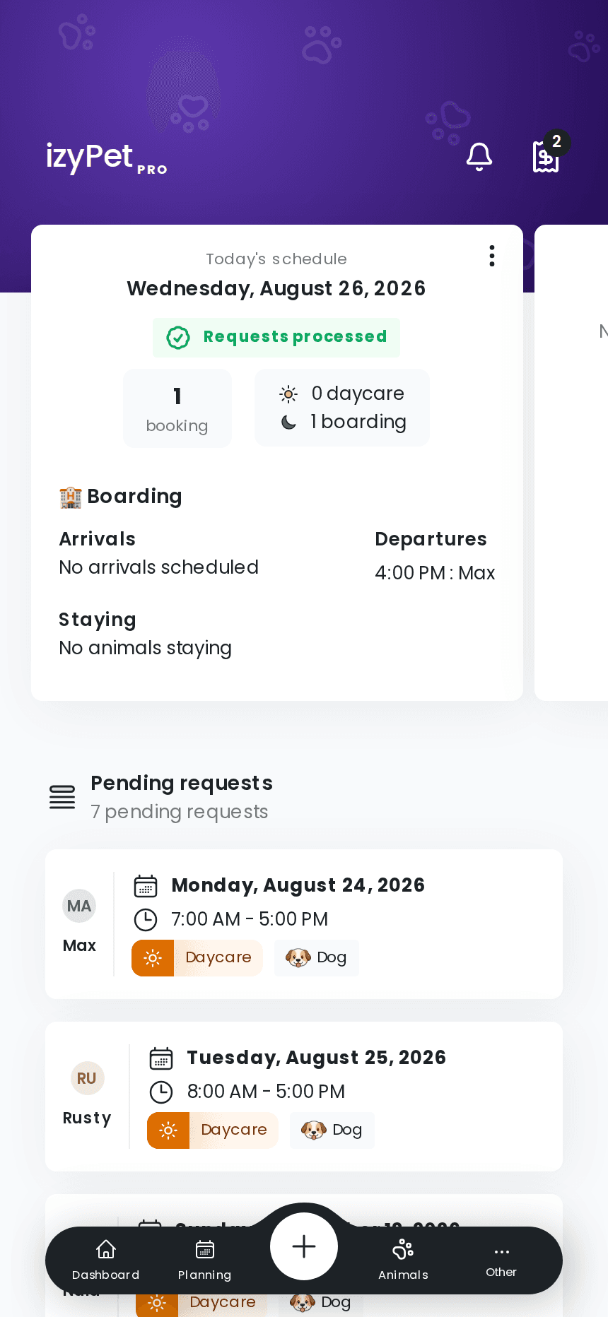 Today's arrivals and departures in the izyPet app for a dog boarding kennel