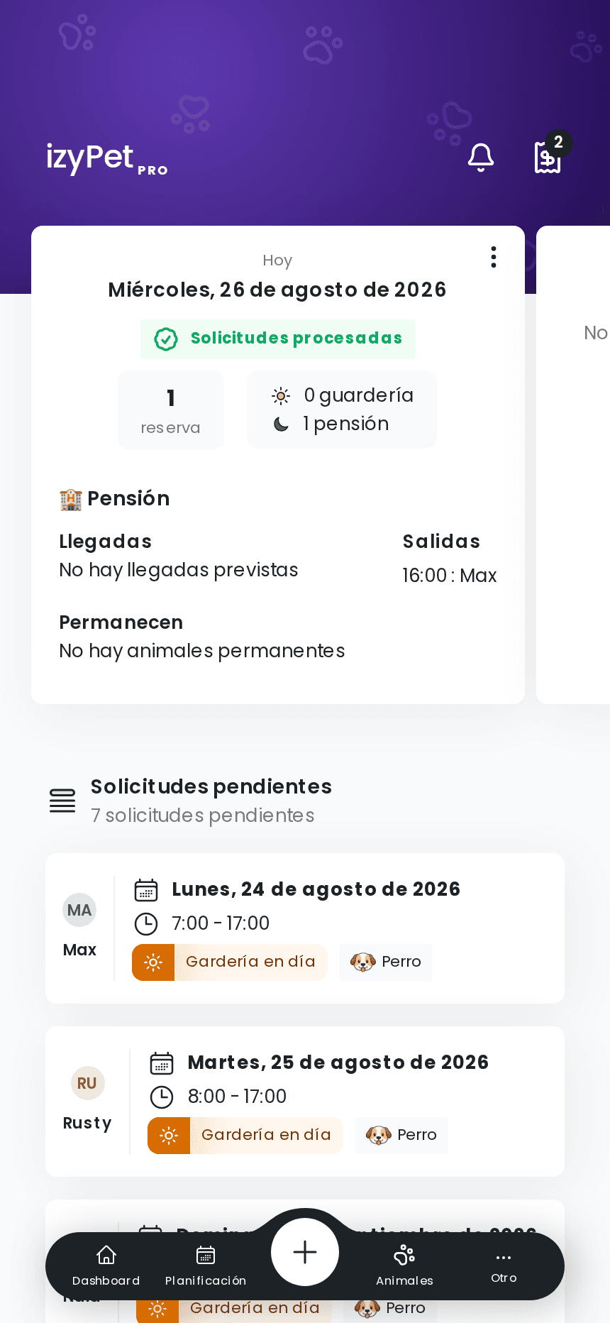 Entradas y salidas del día en la aplicación izyPet de una residencia canina