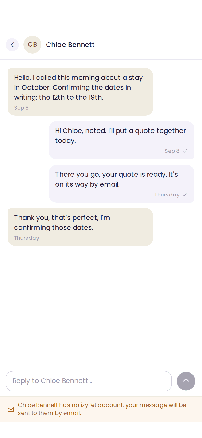 A conversation with a professional from the izyPet client account