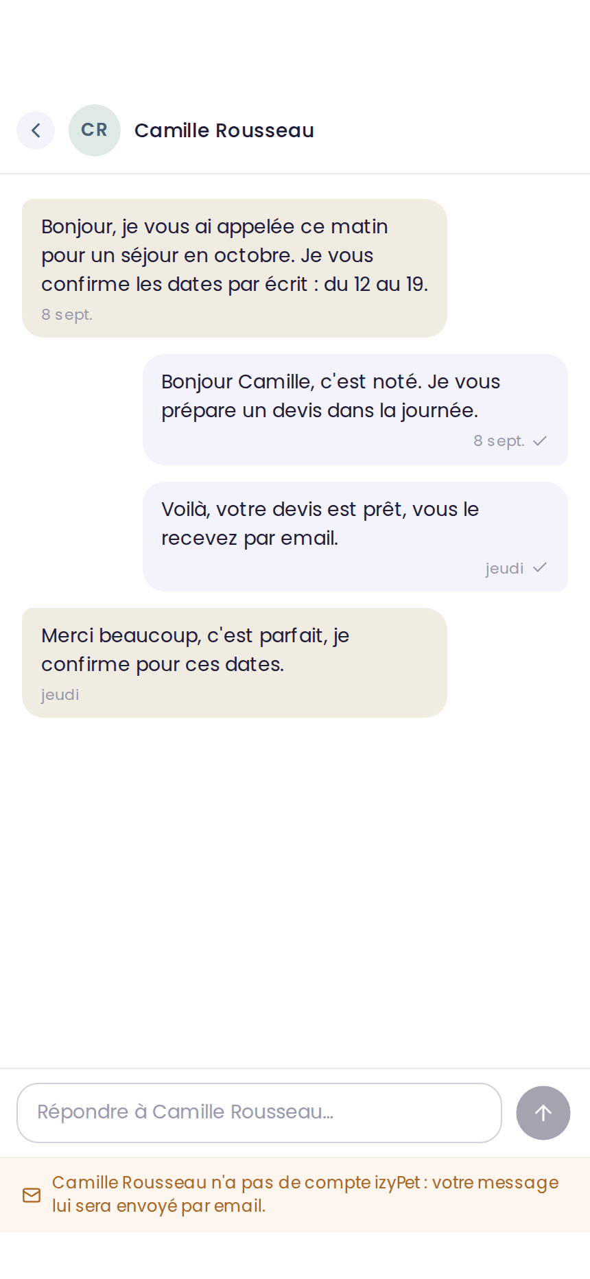 Conversation avec un professionnel depuis l'espace client izyPet