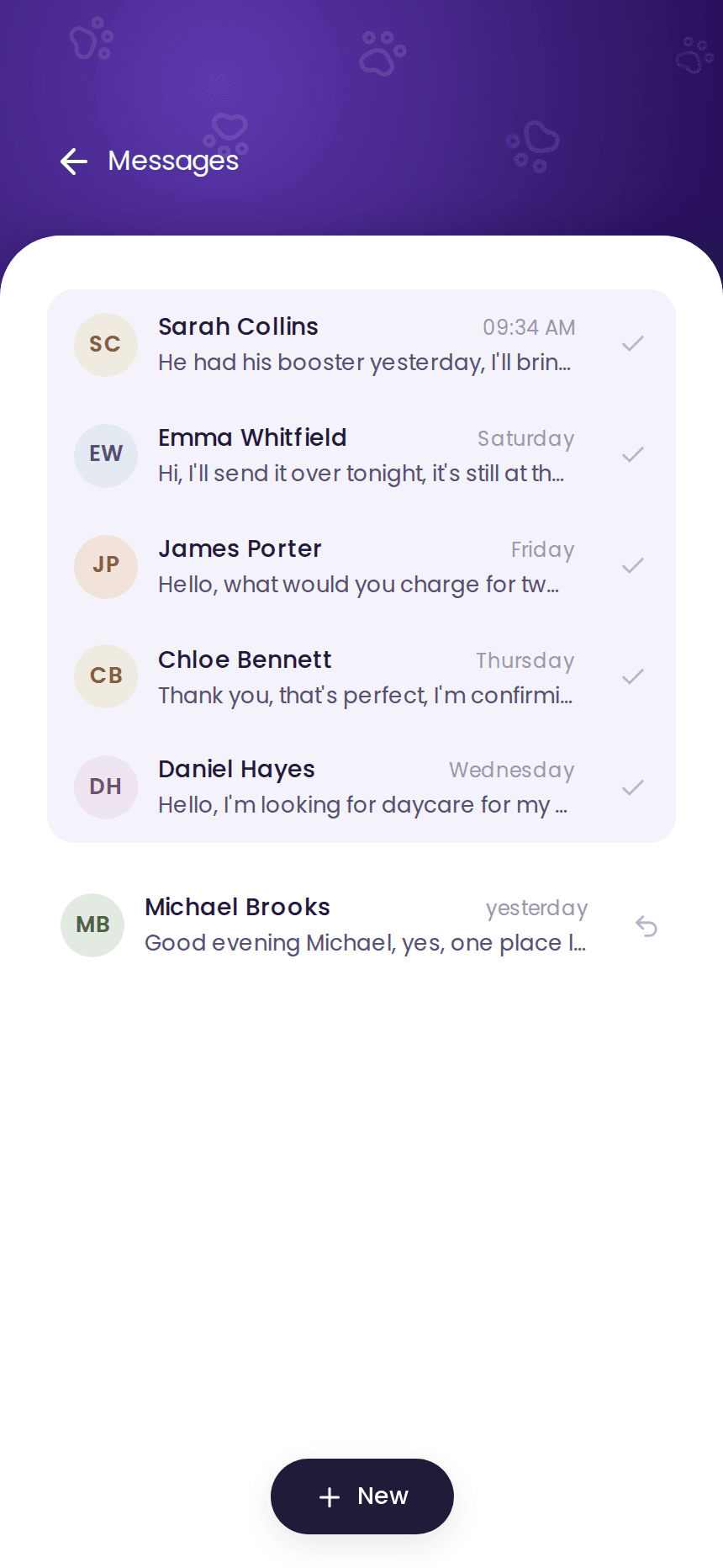 List of client conversations in izyPet
