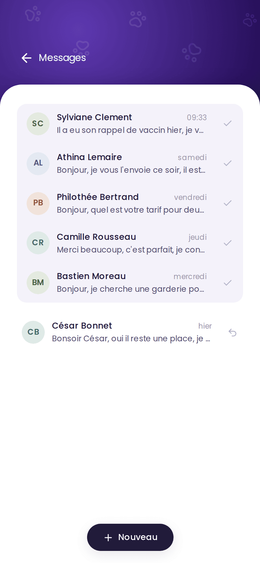 Liste des conversations clients dans izyPet