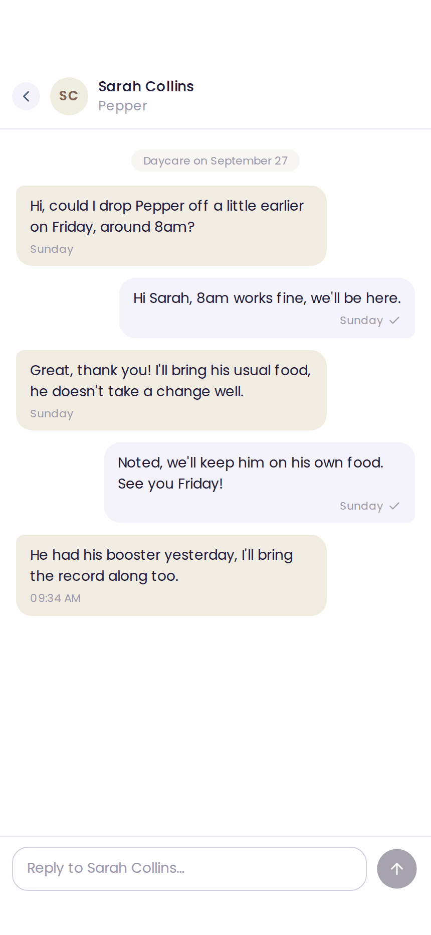 A client conversation linked to a stay in izyPet