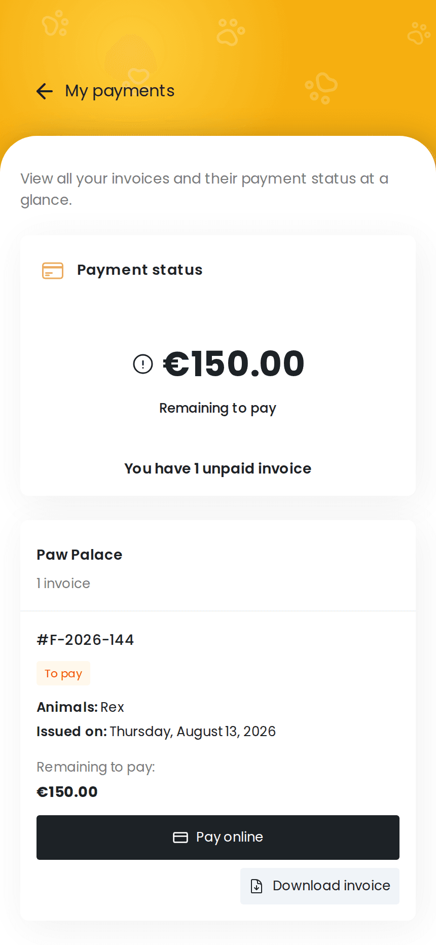 Online payment button on an izyPet invoice