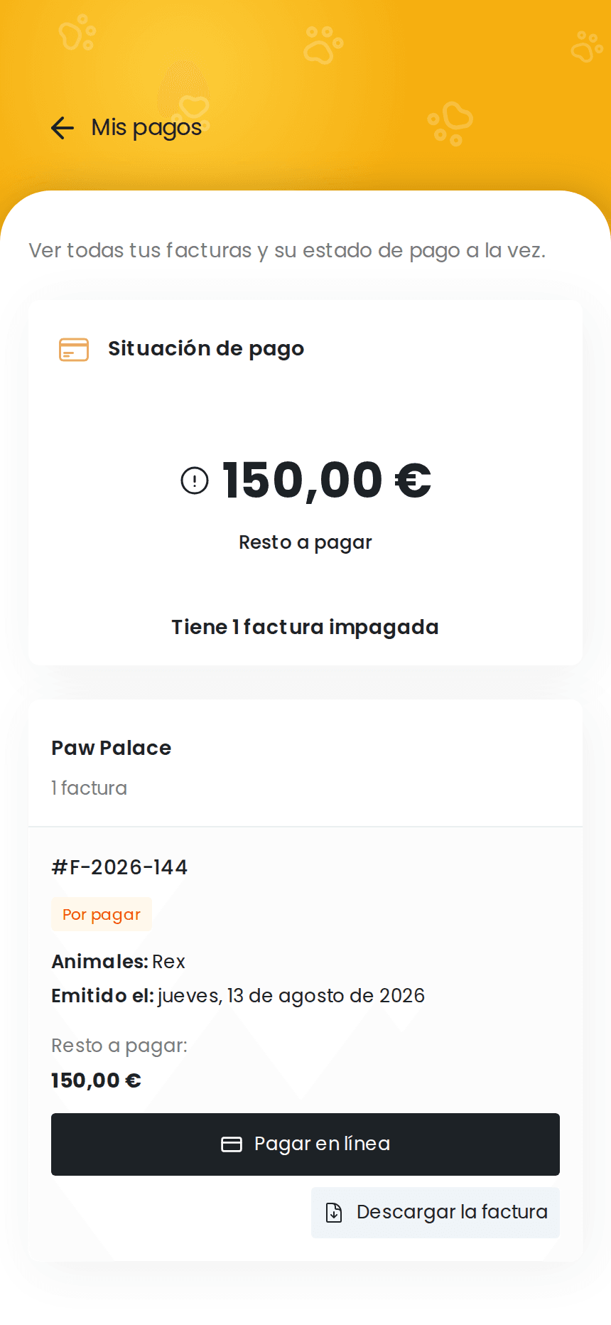 Botón de pago en línea en una factura izyPet