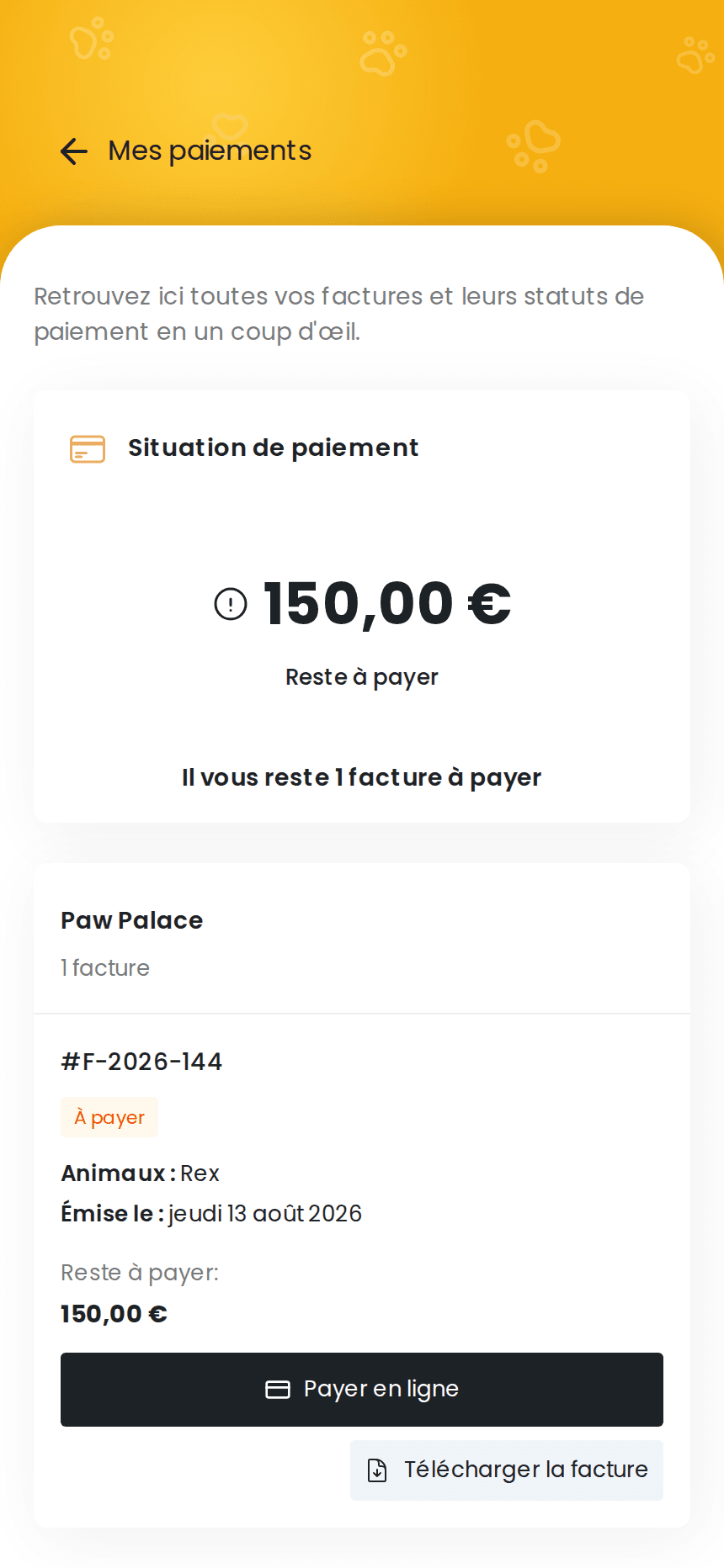 Bouton de paiement en ligne sur une facture izyPet