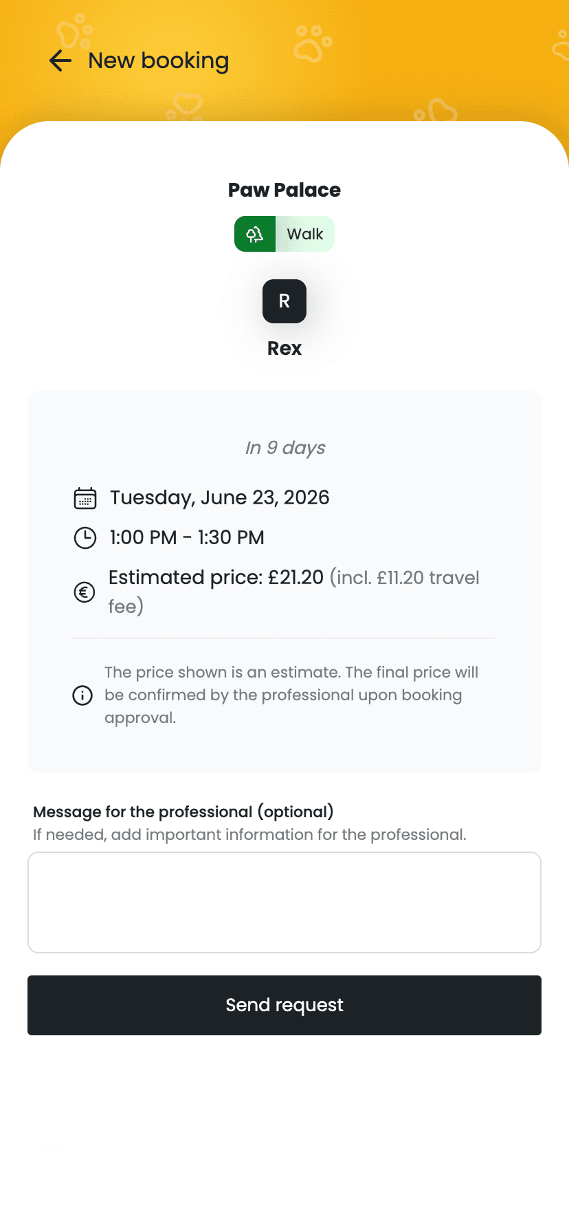 Travel fee estimate during a booking in the IzyPet app