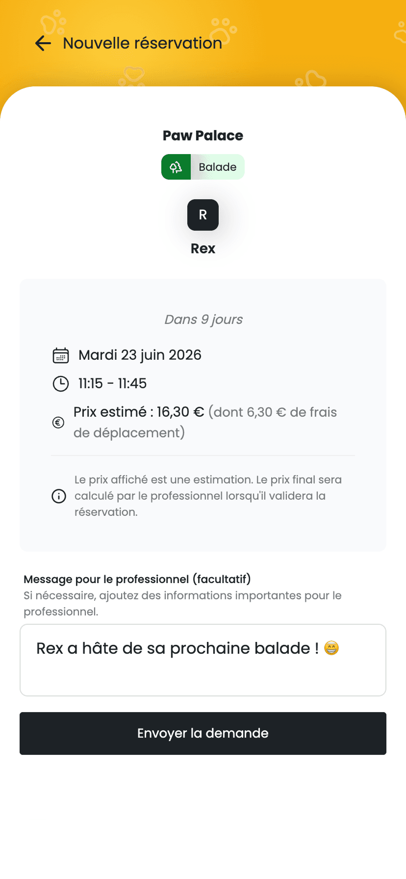 Estimation des frais de déplacement lors d'une réservation sur l'application IzyPet