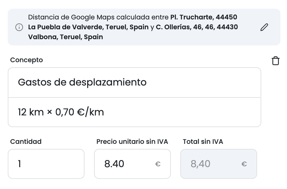Línea de gastos de desplazamiento en una factura de IzyPet