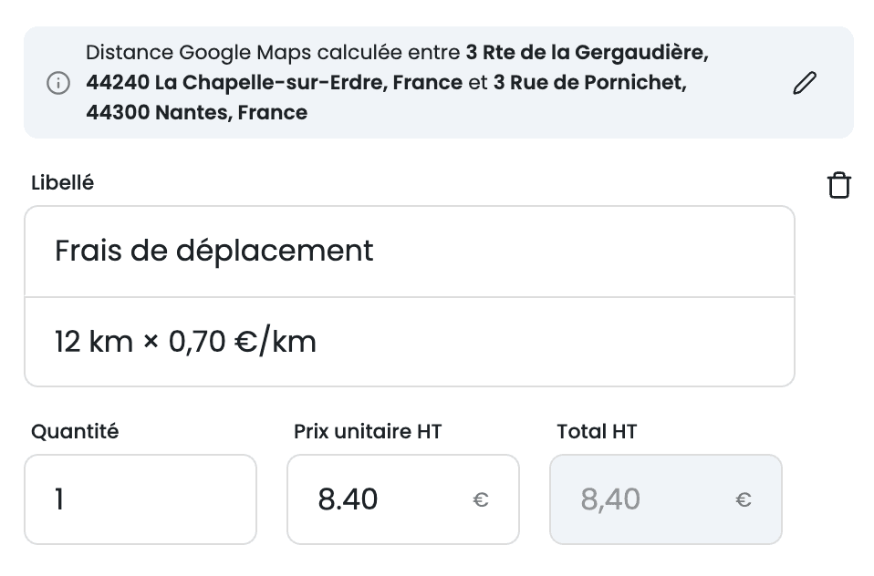 Ligne de frais de déplacement sur une facture IzyPet