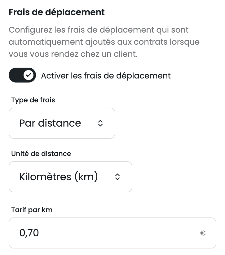 Configuration des frais de déplacement dans les tarifs IzyPet